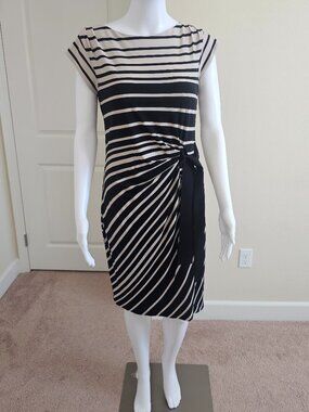 JUST TAYLOR Striped Wrap Midi Dress Tie Waist Career Casual Beige Black Size 6